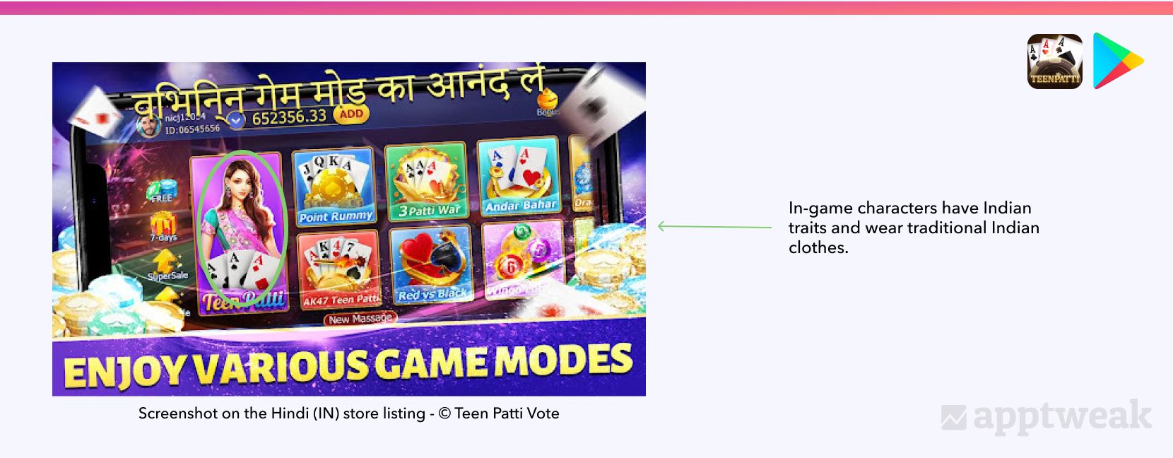 Teen Patti Vote screenshots on the Hindi store listing on Google Play